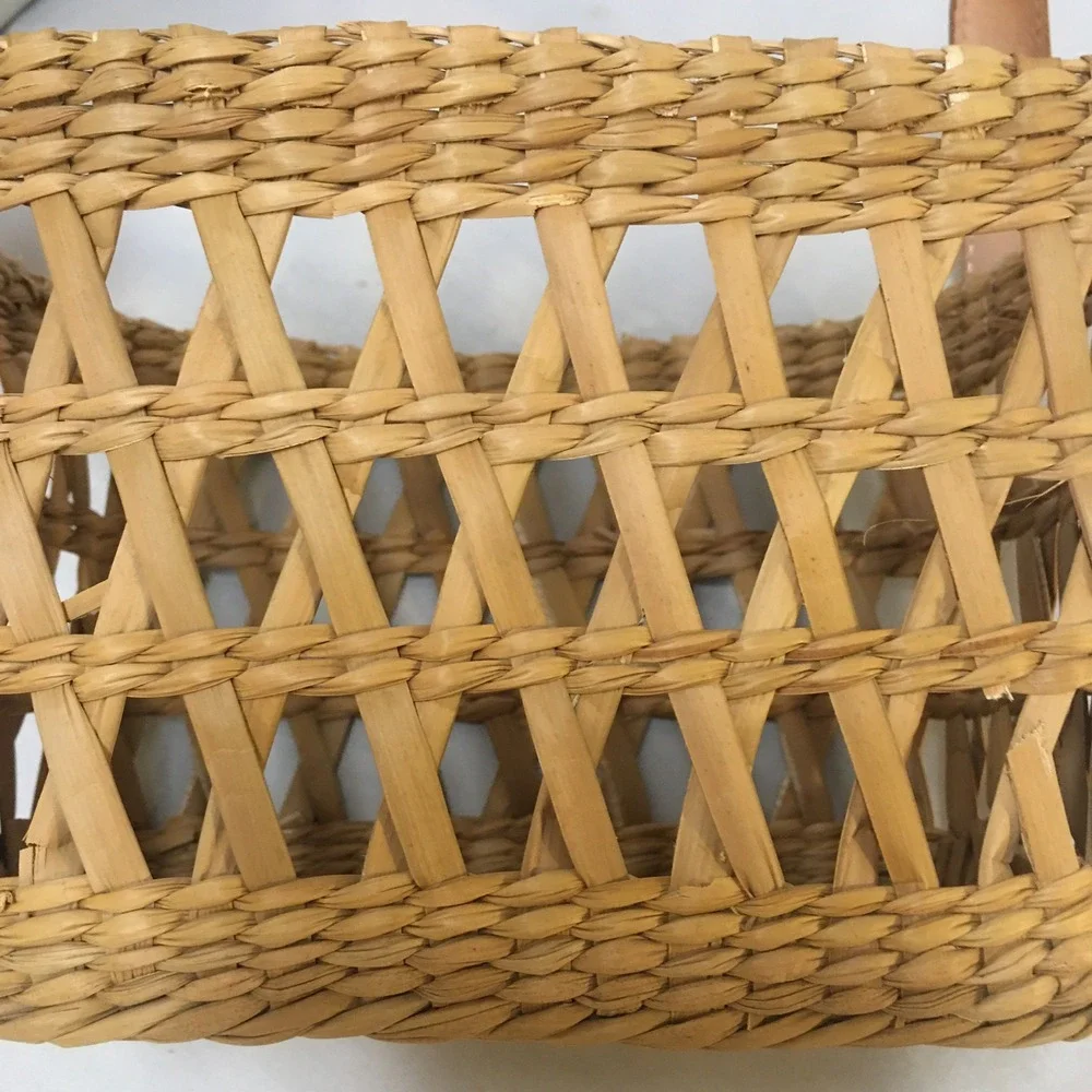Woven Straw Basket Small Tan Faux Leather Handle Lattice Design Rectangle